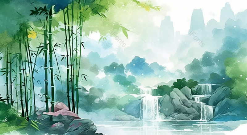 蓝绿色竹林秘境岩石山泉水风景插画,插画/手绘图,插画/手绘图库,插画/手绘图下载,插画/手绘